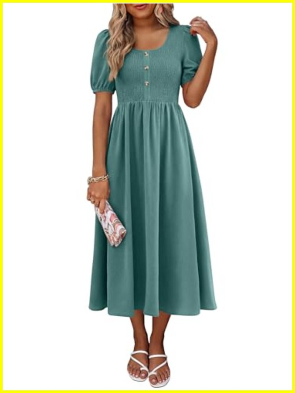 Women's Casual Midi Dress Puff Sleeve Smocked Scoop Neck Flowy Pockets Vacation